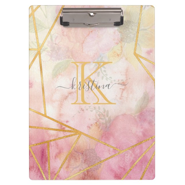 Carpeta De Pinza Purpurina dorado rosado espuma monogramo floral (Anverso)