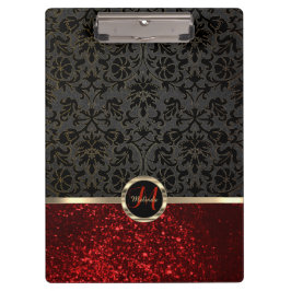 Carpeta De Pinza Purpurina rojo monograma y diseño floral