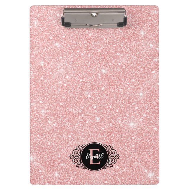 Carpeta De Pinza Purpurina rosa Sparkle Monograma moderno Portapape (Anverso)