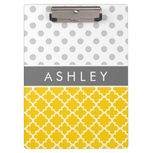 Carpeta De Pinza Quatrefoil amarillo y modelo de lunar gris