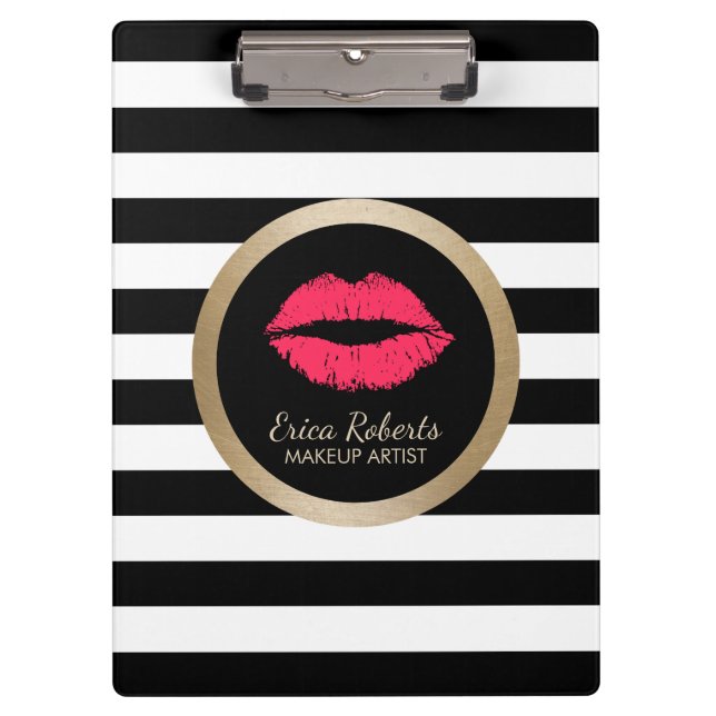 Carpeta De Pinza Rayas blancas negras modernas de los labios rojos (Anverso)