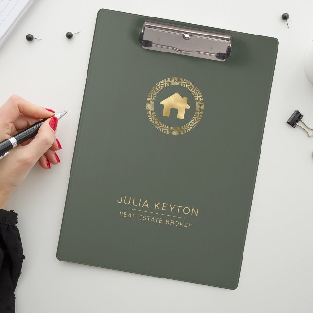 Carpeta De Pinza Real Estate House Logo Greek Key Sage Green Gold  (Subido por el creador)
