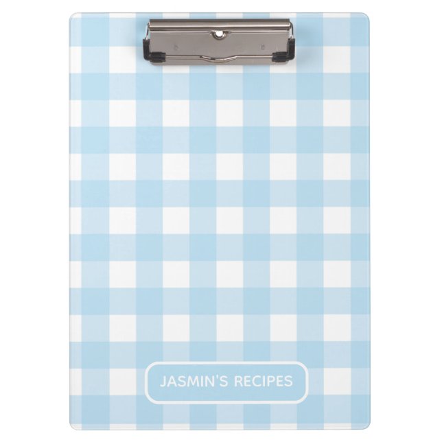 Carpeta De Pinza Recetas | Patrón de Gingham Azul Claro y Blanco (Anverso)
