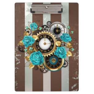 Carpeta De Pinza Reloj de vapor y Rosas turquesa a rayas