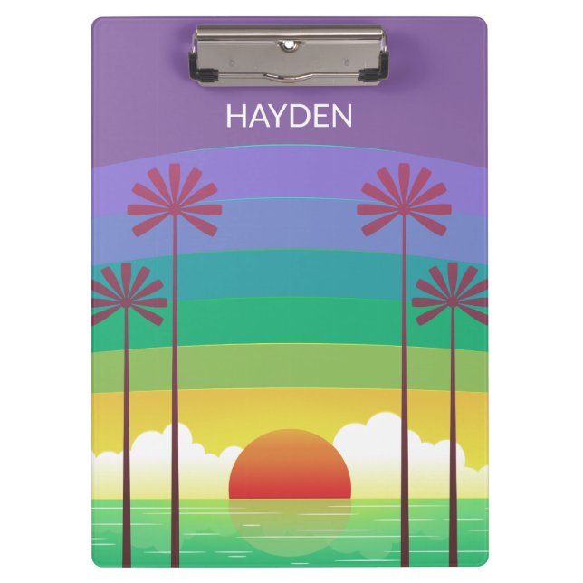 Carpeta De Pinza Retro Purple Sunset Palm Trees Art Personalised (Anverso)