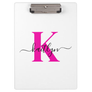 Carpeta De Pinza Rosa Caliente Negro Inicial Nombre Monogramado