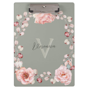Carpeta De Pinza Rosa de color de agua personalizado   Verde salvia