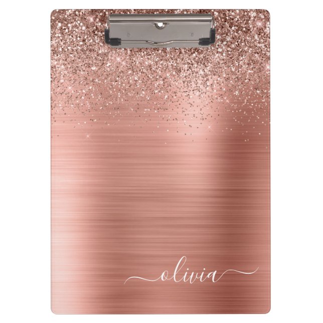 Carpeta De Pinza Rosa Dorado Metal Brillado Glitter Monograma (Anverso)