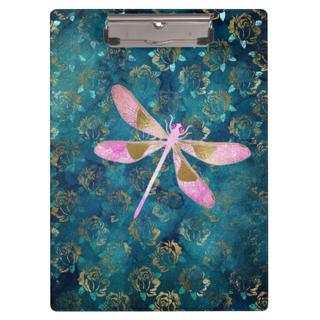 Carpeta De Pinza Rosa Dragonfly de oro sobre fondo floral turquesa (Anverso)
