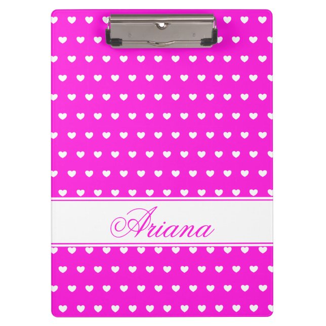Carpeta De Pinza Rosa Flashy Con Corazones Blancos Cutos, Nombre Pe (Anverso)