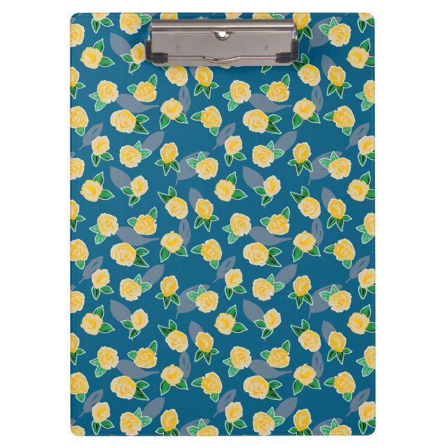 Carpeta De Pinza Rosa floral amarillo en azul (Anverso)