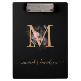 Carpeta De Pinza Rosa Floral Monogramado Dorado Negro Moderno