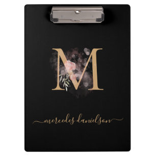 Carpeta De Pinza Rosa Floral Monogramado Dorado Negro Moderno