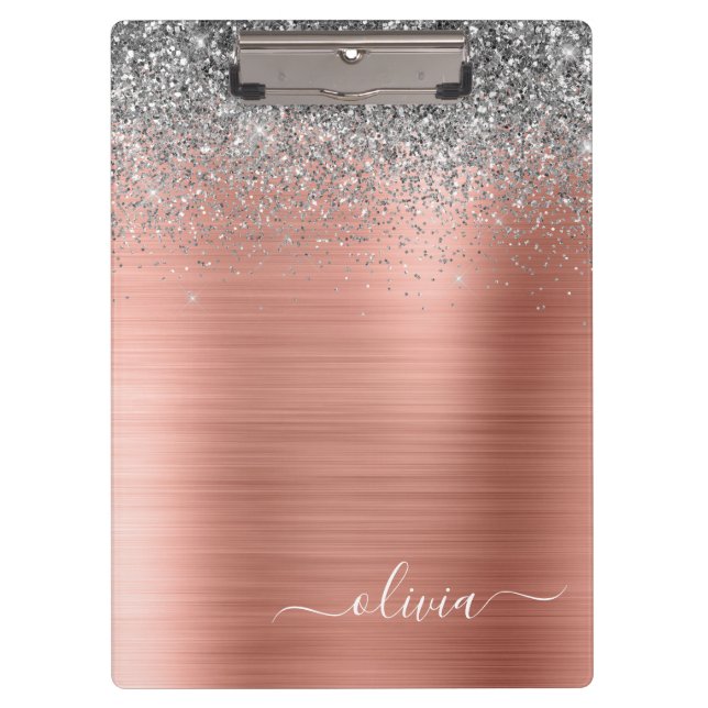 Carpeta De Pinza Rosa Oro Metal Brillado Plateado Glitter Monograma (Anverso)