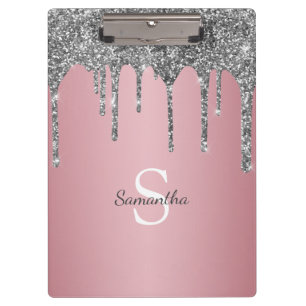 Carpeta De Pinza Rosa Oro Rosa Monograma Nombre con Brillos de Plat