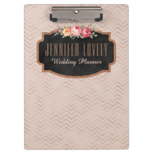 Carpeta De Pinza Rosa personalizado Chevron Gold Stripes Floral