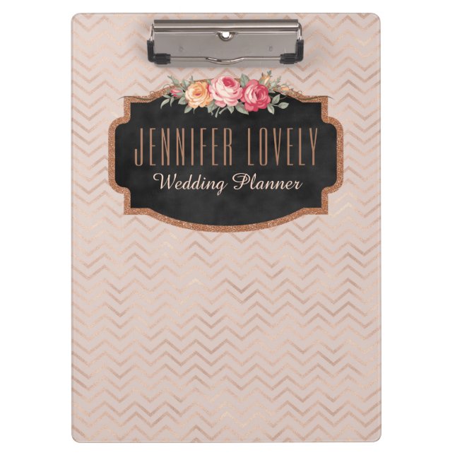 Carpeta De Pinza Rosa personalizado Chevron Gold Stripes Floral (Anverso)