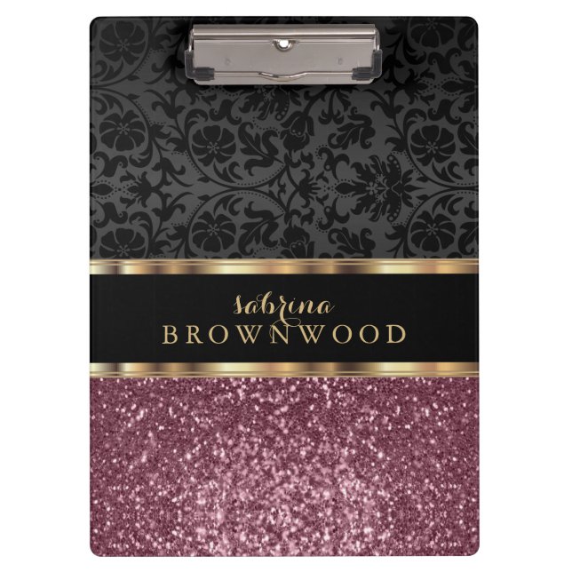 Carpeta De Pinza Rosa Purpurina de oro y Damasco negro (Anverso)