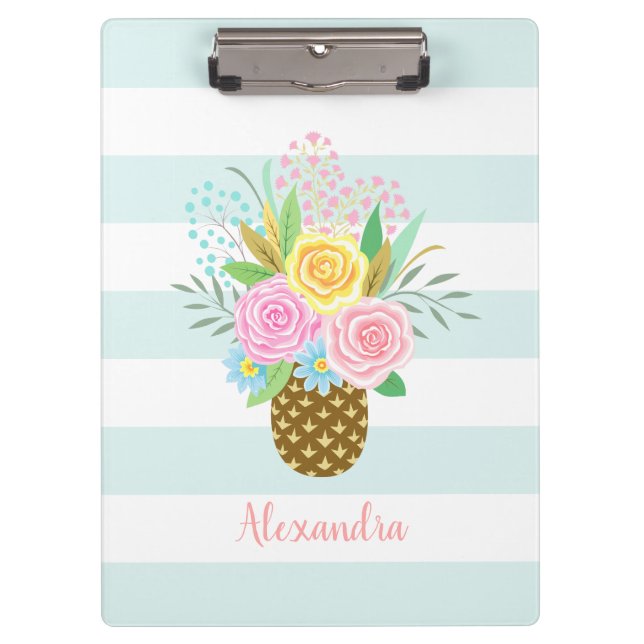 Carpeta De Pinza Rosas de piña Bouquet Rayas turquesas rosas (Anverso)