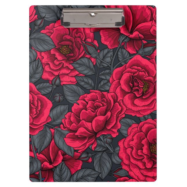 Carpeta De Pinza Rosas rojas con hojas grises en negro (Anverso)