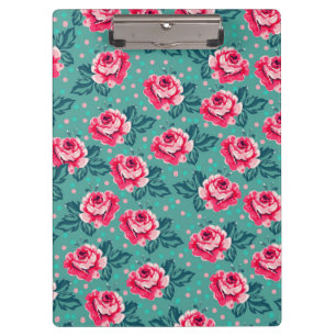 Carpeta De Pinza Rosas rosadas bonitas y patrón de lunares en azul