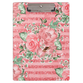Carpeta De Pinza Rosas rosadas florales de acuarela y rayas de bril