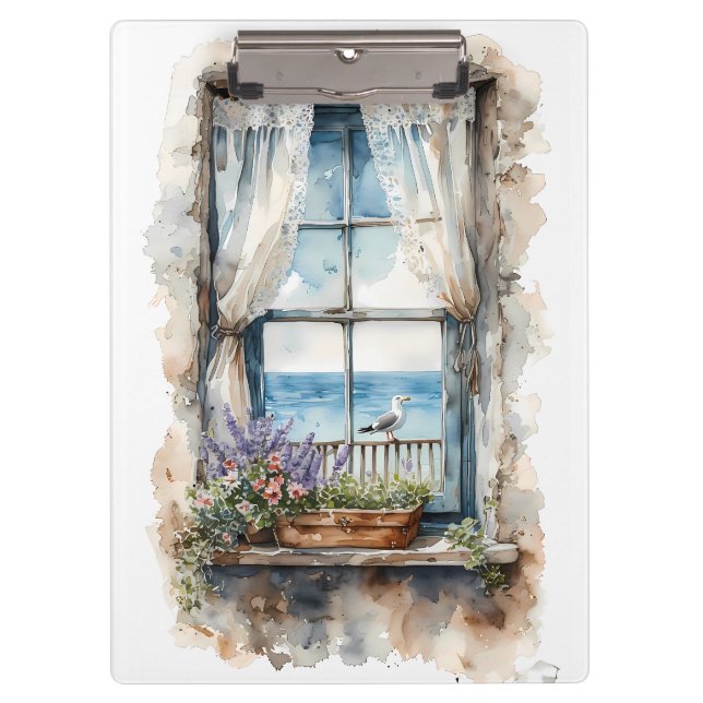 Carpeta De Pinza Seaside Window View Watercolor Coastal Scene (Anverso)