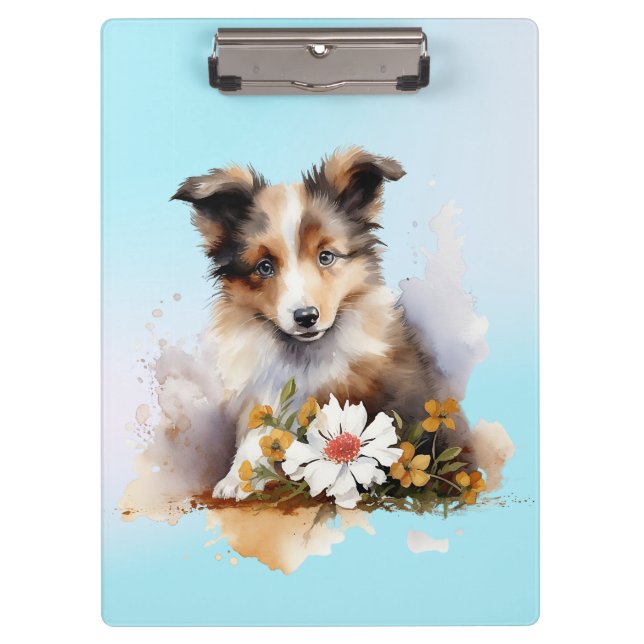 Carpeta De Pinza Shetland Sheepdog Puppy Mascota Flor acuática (Anverso)