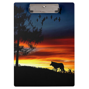 Carpeta De Pinza Silueta negra de lobo, pájaros y árboles al atar