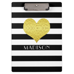 Carpeta De Pinza Su nombre Black White Gold Heart Pattern