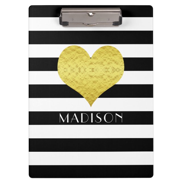 Carpeta De Pinza Su nombre Black White Gold Heart Pattern (Anverso)