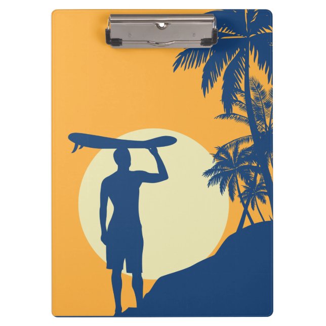 Carpeta De Pinza Surfista, palmera, acantilado, sol, surfista, luna (Anverso)