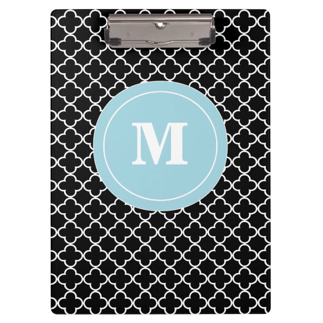 Carpeta De Pinza Tablero azul negro del monograma de Quatrefoil (Anverso)