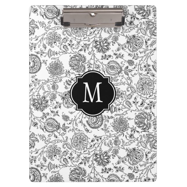 Carpeta De Pinza Tablero floral negro y blanco del monograma (Anverso)