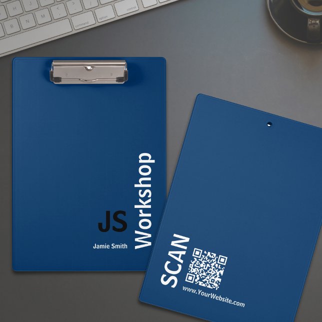 Carpeta De Pinza Taller mínimo de Iniciales en Blanco Azul Negro (Minimal Initials Black Blue White Workshop Clipboard)