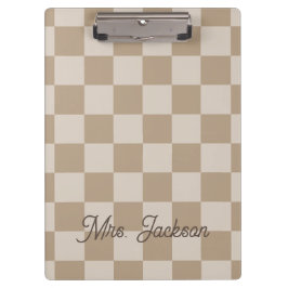 Carpeta De Pinza Taupe Beige Checkers Script Name Personalizado