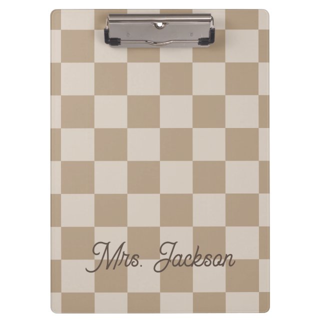 Carpeta De Pinza Taupe Beige Checkers Script Name Personalizado (Anverso)