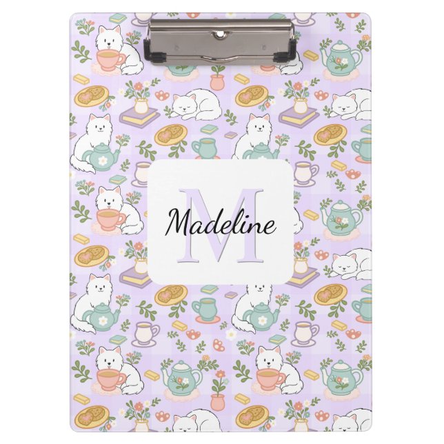Carpeta De Pinza Tea & Bookish Cats Personalized Monogram Clipboard (Anverso)
