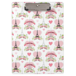 Carpeta De Pinza Torre Eiffel Flores Corazones Rosados París Francé