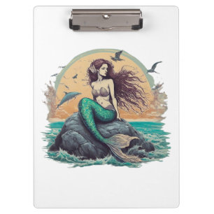 Carpeta De Pinza una sirena sentada en una roca en el océano.