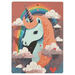 Carpeta De Pinza Unicornio bajo arcoiris y entre corazones