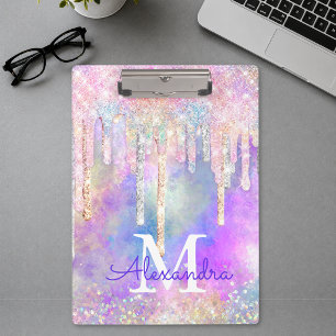 Carpeta De Pinza Unicornio chic colorido con monograma de purpurina
