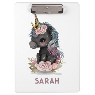 Carpeta De Pinza Unicornio negro con flores de unicornio