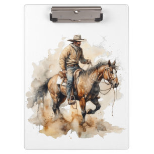 Carpeta De Pinza vaquero montando un caballo marrón en acuarela