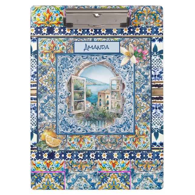 Carpeta De Pinza verano azulejos azules florales italianos cítricos (Anverso)