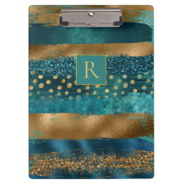 Carpeta De Pinza Verde azulado moderno, pinceladas doradas y monogr