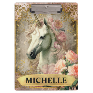 Carpeta De Pinza Vintage blanco Unicornio y rosas rosas color agua