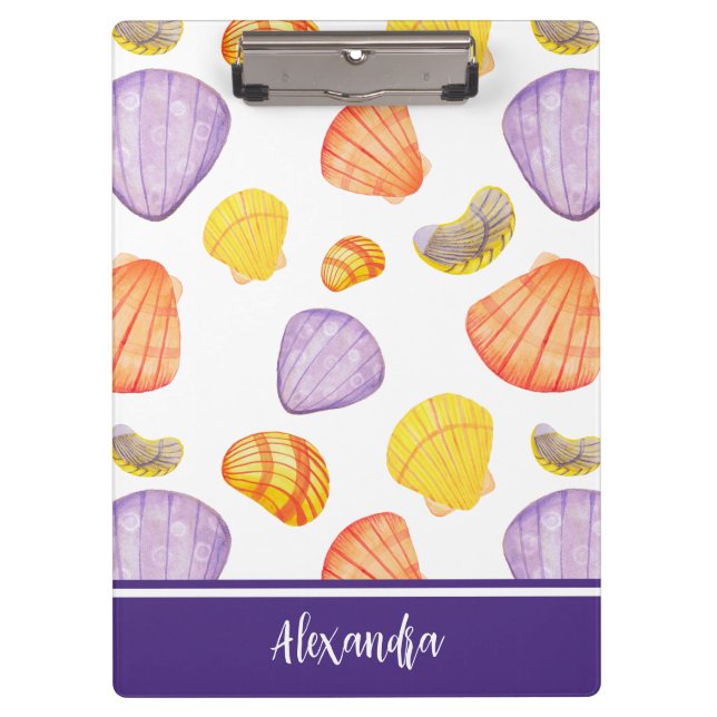 Carpeta De Pinza Watercolor Seashell Clipboard con Nombre (Anverso)