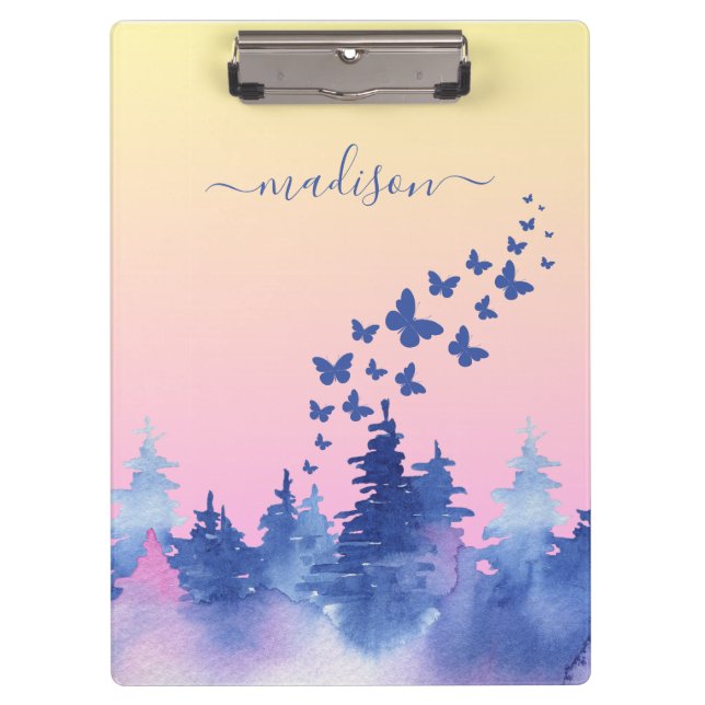Carpeta De Pinza Watercolour yellow blue ombre butterflies forest (Anverso)