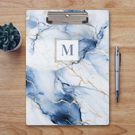 Carpeta De Pinza White Blue Gold Marble Monogram Initial Clipboard